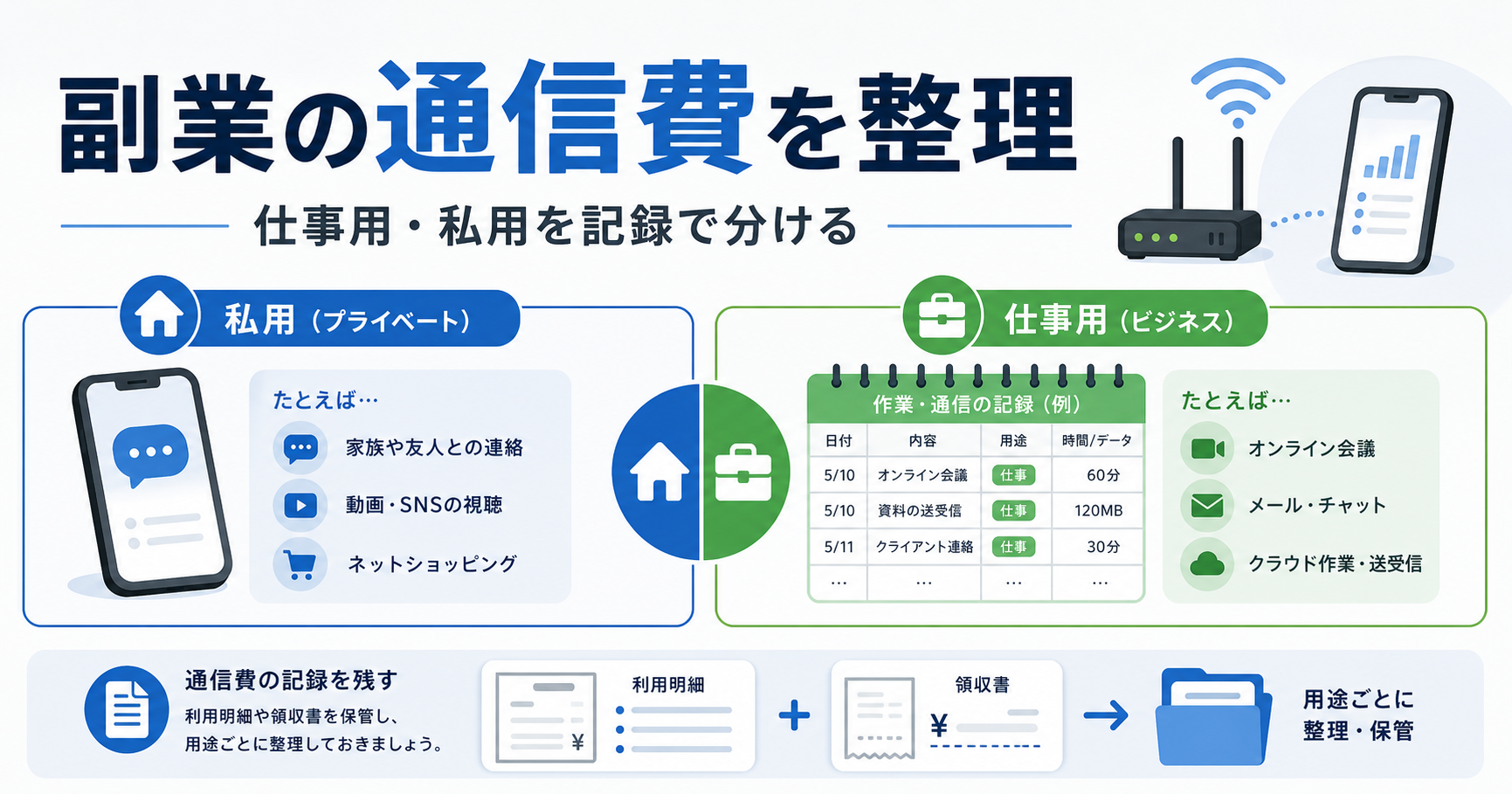 副業のスマホとWi-Fi通信費を仕事用・私用の利用記録で分ける図