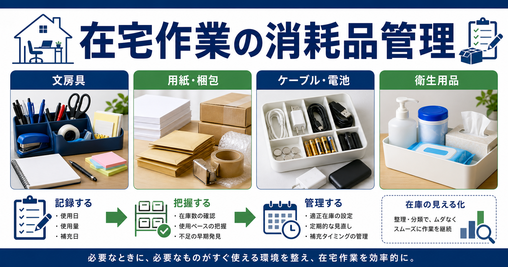 在宅作業の消耗品を文房具・梱包・ケーブル・衛生用品に分類した図